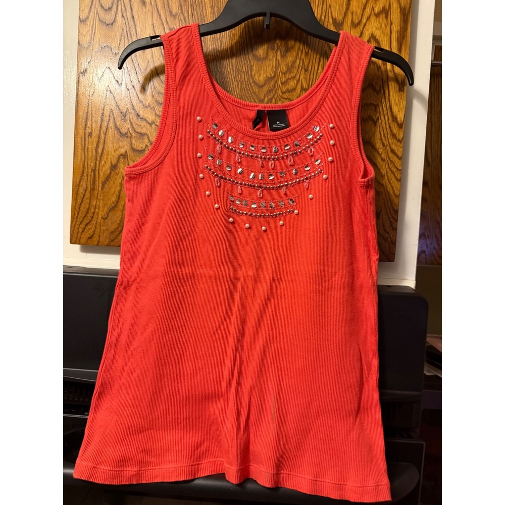 New Directions Ribbed TankTop Embellished Sequin Pearl CoralOrange Womens Medium